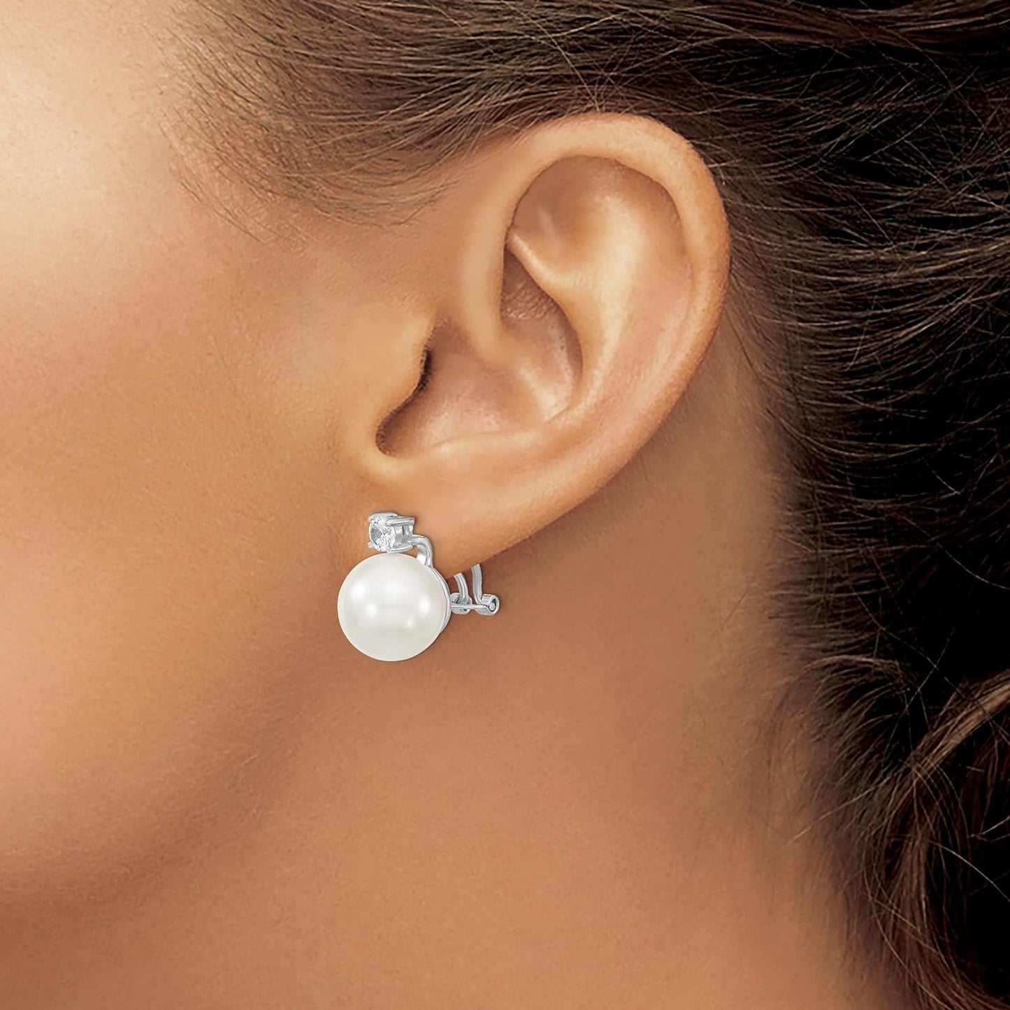 925 Sterling Silver White Imitation Shell Pearl Cubic Zirconia Omega Back Earrings Fine Jewelry for Women Gifts for Her (12-13Mm)