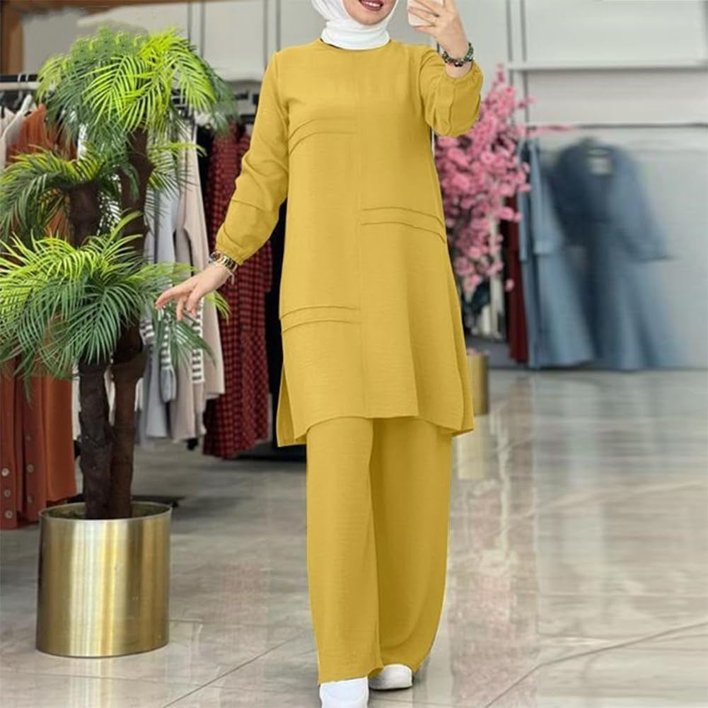 Abayas Dress for Women Muslim Long Sleeve Loose Top Pants 2 Pcs Dubai Islamic Muslim Women Matching Sets