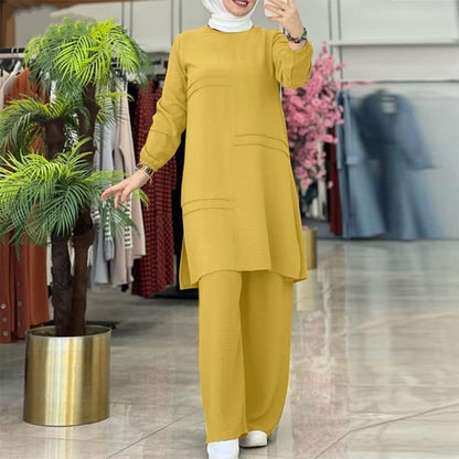 Abayas Dress for Women Muslim Long Sleeve Loose Top Pants 2 Pcs Dubai Islamic Muslim Women Matching Sets