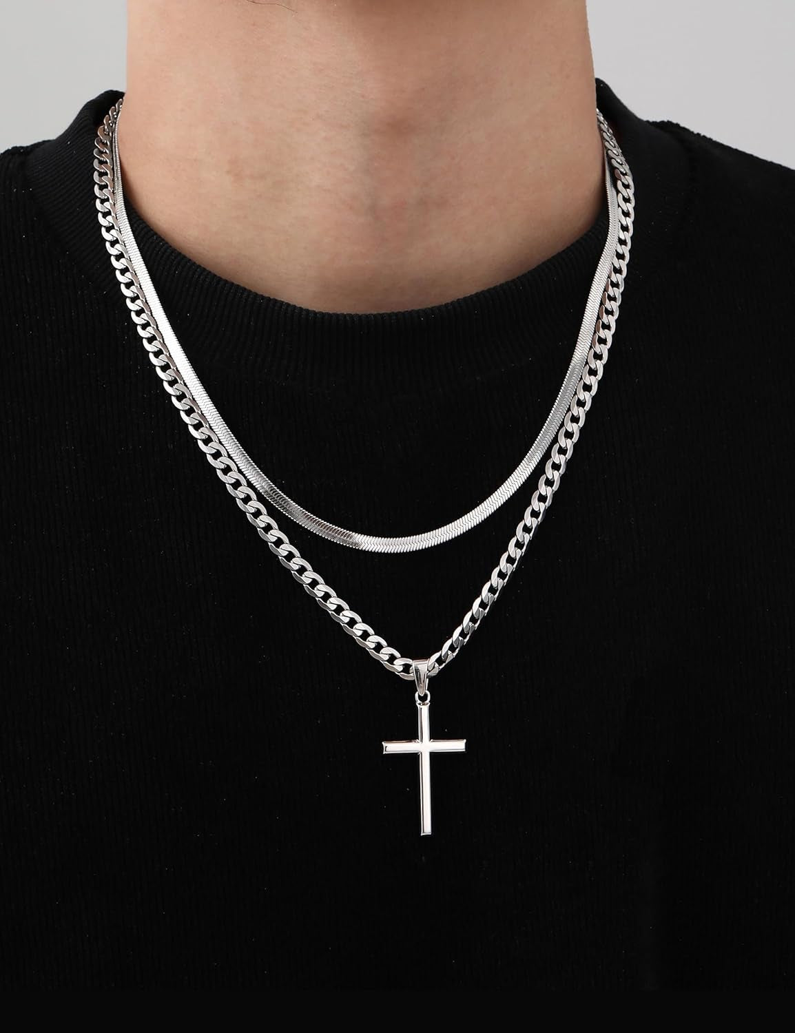 925 Sterling Silver Cross Necklace for Men - Waterproof Layered Sterling Silver Cross Pendant Necklaces Stainless Steel Cuban Link Herringbone Cross Chain Necklace Set Jewelry Gifts 16-30 Inches - WORLD TIME VISITS