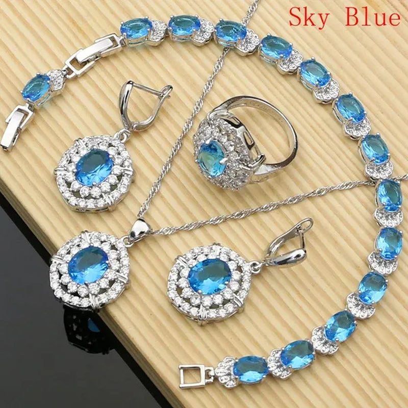 Work & Leisure Style 925 Silver Jewelry Sets Sapphire Garnet Emerald Ruby Topaz Wedding Jewelry Set for Women