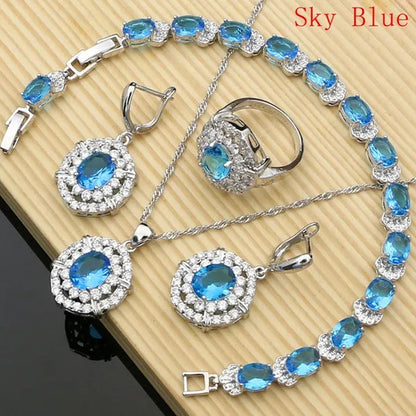 Work & Leisure Style 925 Silver Jewelry Sets Sapphire Garnet Emerald Ruby Topaz Wedding Jewelry Set for Women