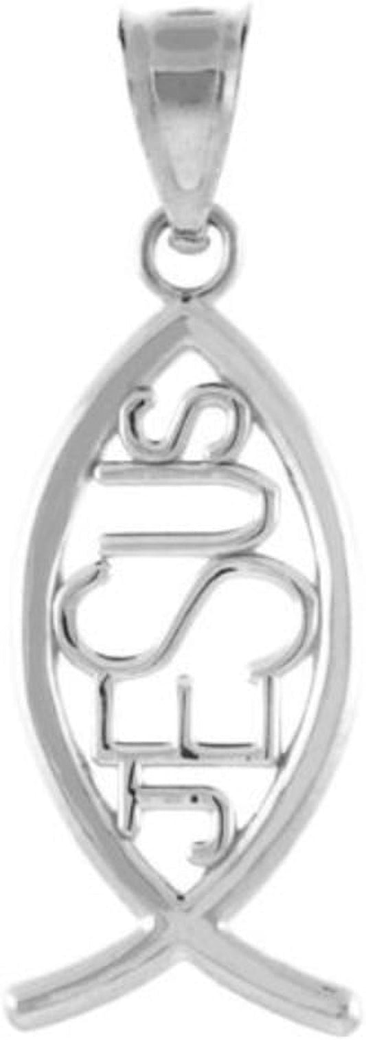 925 Sterling Silver Vertical Jesus Ichthus Charm Christian Fish Pendant - WORLD TIME VISITS