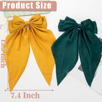Hair Bows 2 PCS, Hair Bows for Women, Oversized Long-Tail Cute Aesthetic Hair Accessories, Large Hair Barrettes for Women, Big Bows for Girls (Dark Green, Bright Yellow)