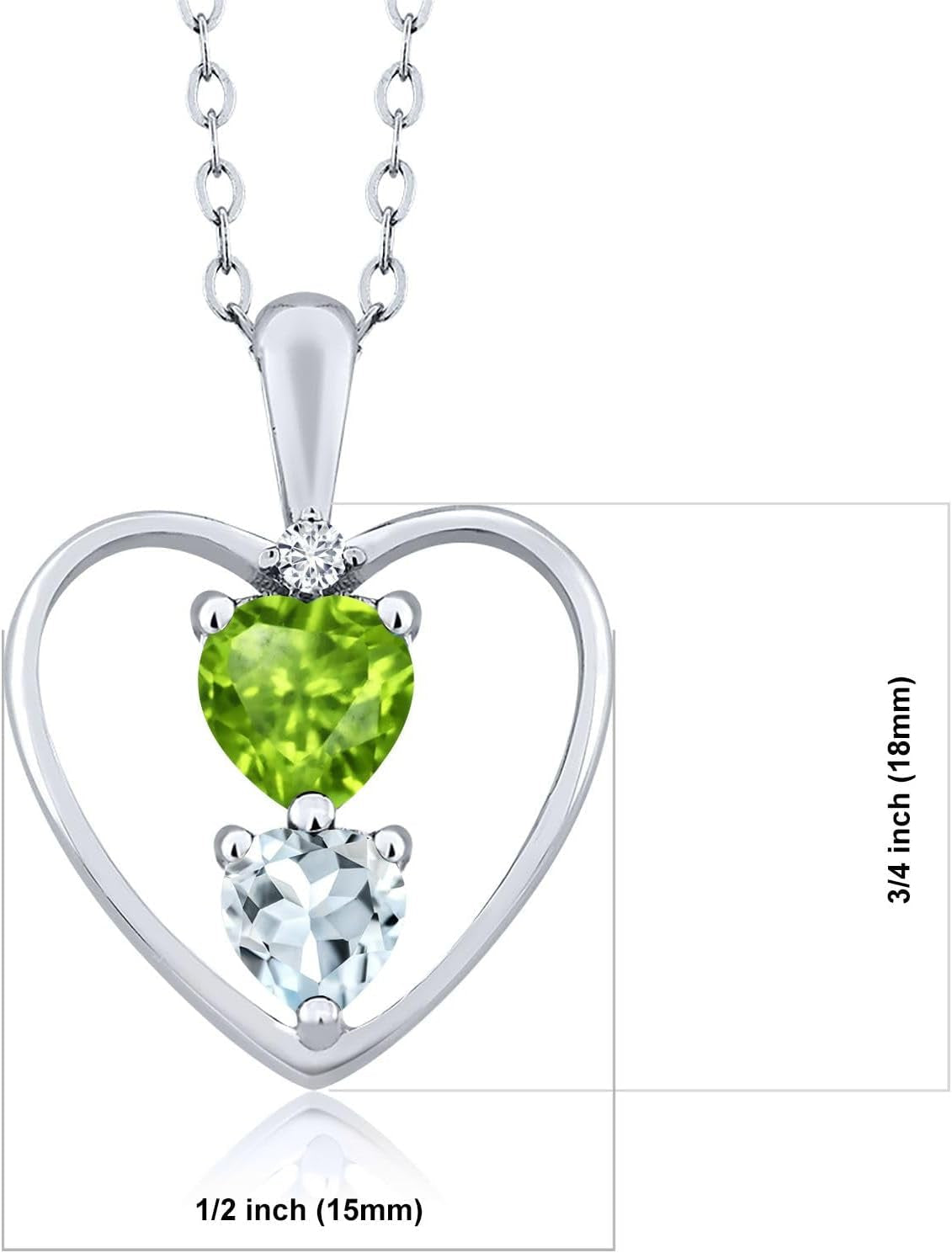 925 Sterling Silver Green Peridot Sky Blue Aquamarine and White Diamond Pendant Necklace for Women (0.67 Cttw, Heart 5MM and 4MM, with 18 Inch Silver Chain)