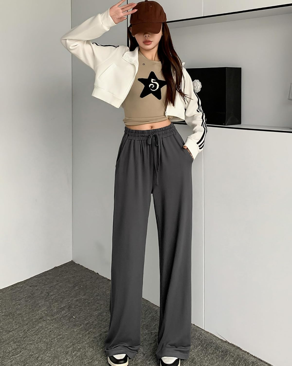 Womens Wide Leg Pants Loose Sweatpants High Waist Stretchy Comfy Athletic Casual Lounge Pants with Pockets - WORLD TIME VISITS