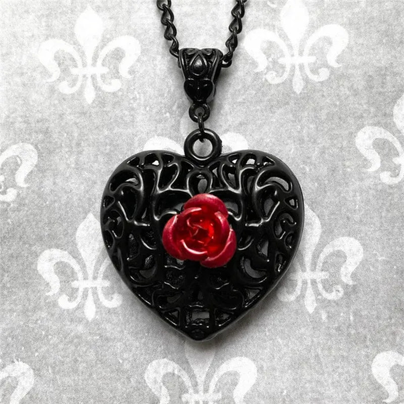 Black Filigree Heart Necklace with Red Rose, Gothic Victorian Pendant, Romantic Valentine Gift For Girlfriend Wife, Alternative Jewelry