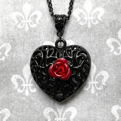 Black Filigree Heart Necklace with Red Rose, Gothic Victorian Pendant, Romantic Valentine Gift For Girlfriend Wife, Alternative Jewelry