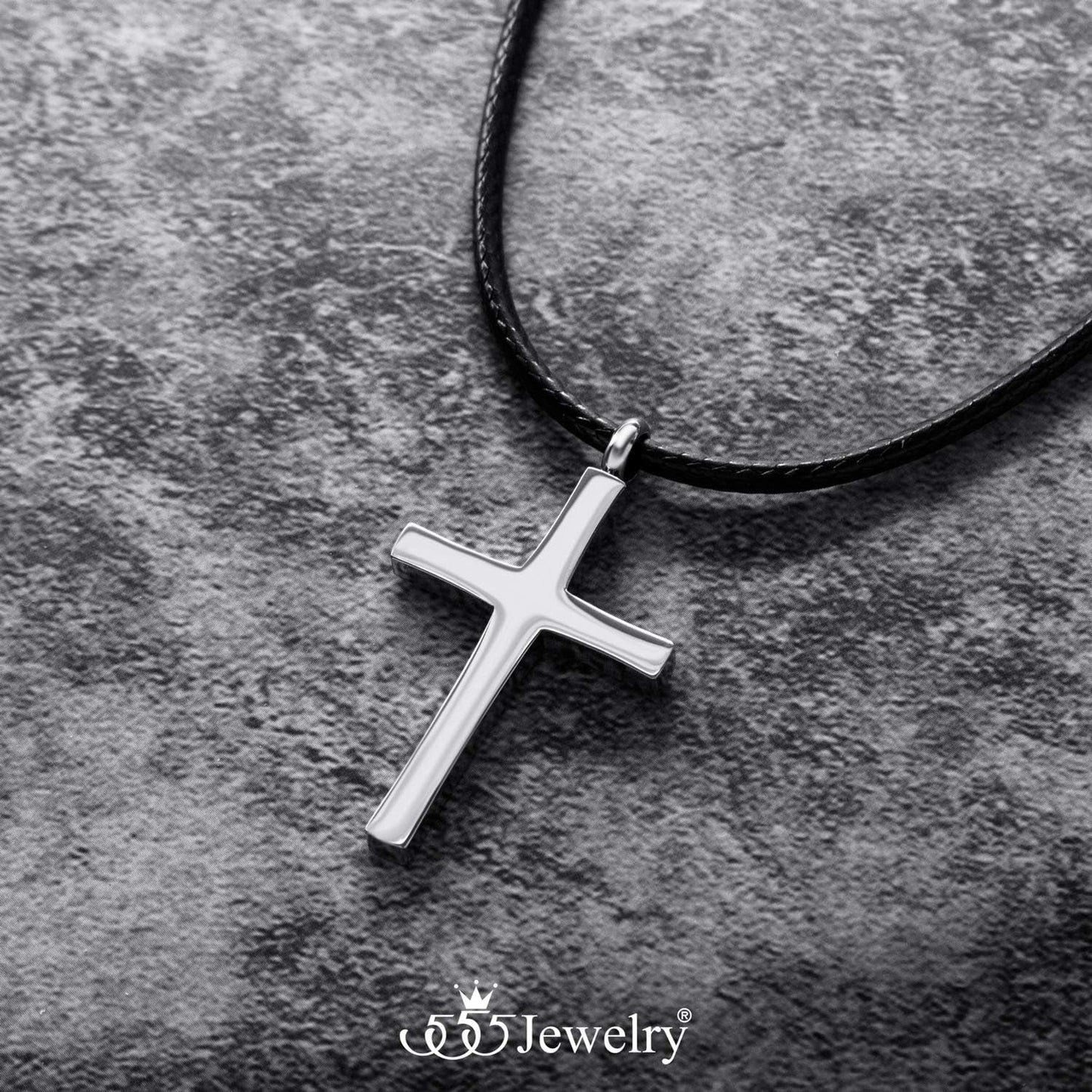 Stainless Steel Cross Necklace for Men - Cross Pendant with 18 Inch Adjustable Black Rope Cord - Mens Cross Necklaces