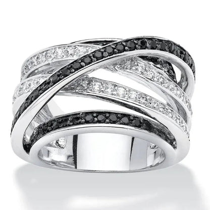 Trendy Multilayer 925 Sterling Silver Plated Diamond Black Gemstone Rings for Women Bridal Engagement Proposal Ring Jewelry