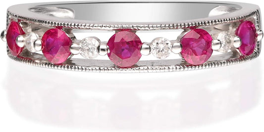 14K White Gold Mozambique Genuine Ruby Ring with Diamonds for Women | Ethically, Authentically & Organically Sourced (Round) Shaped Ruby Hand-Crafted Jewelry for Her | Ruby Ring for Women