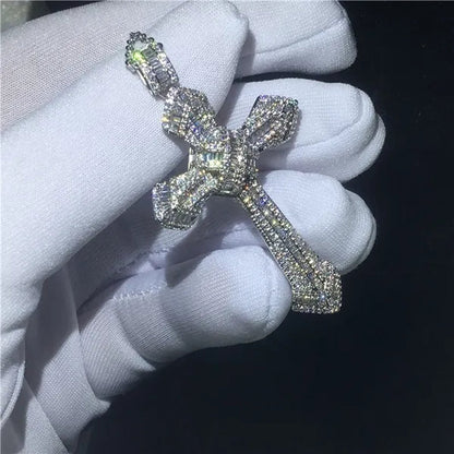 Luxury Big Cross Pendants 5A Zircon Cz Diamond Silver Wedding Pendant with Necklace for Women Men Jewelry