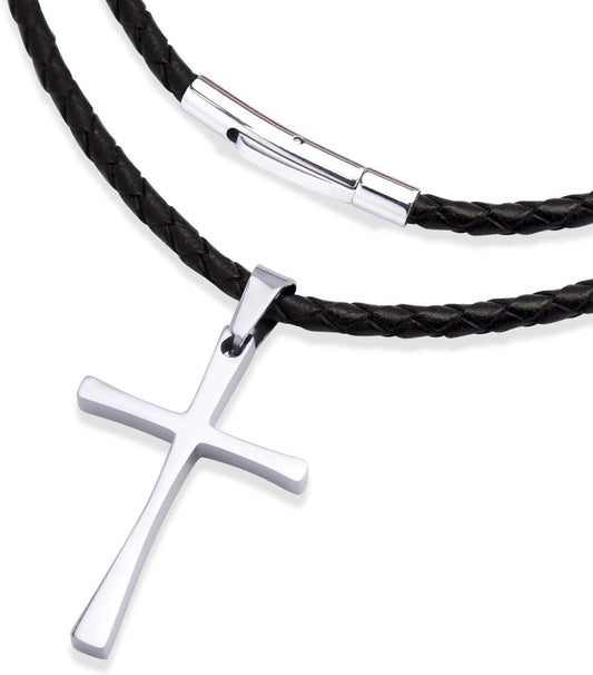 Stainless Steel Cross Braided Rope Cord Necklace for Men Women 18-24'' Inches