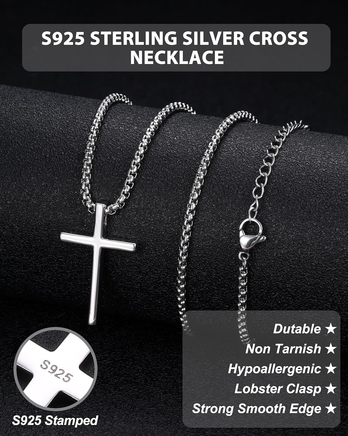 S925 Sterling Silver Cross Necklace for Men Solid Sterling Silver Cross Pendant Necklace Boys Mens Cross Necklace Jewelry Gifts with Box & Card Birthday Anniversary Christmas Father'S Day