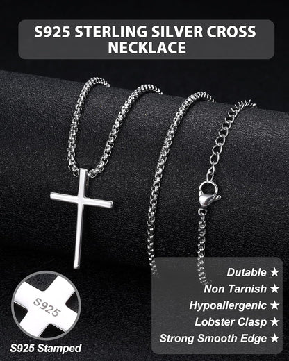 S925 Sterling Silver Cross Necklace for Men Solid Sterling Silver Cross Pendant Necklace Boys Mens Cross Necklace Jewelry Gifts with Box & Card Birthday Anniversary Christmas Father'S Day