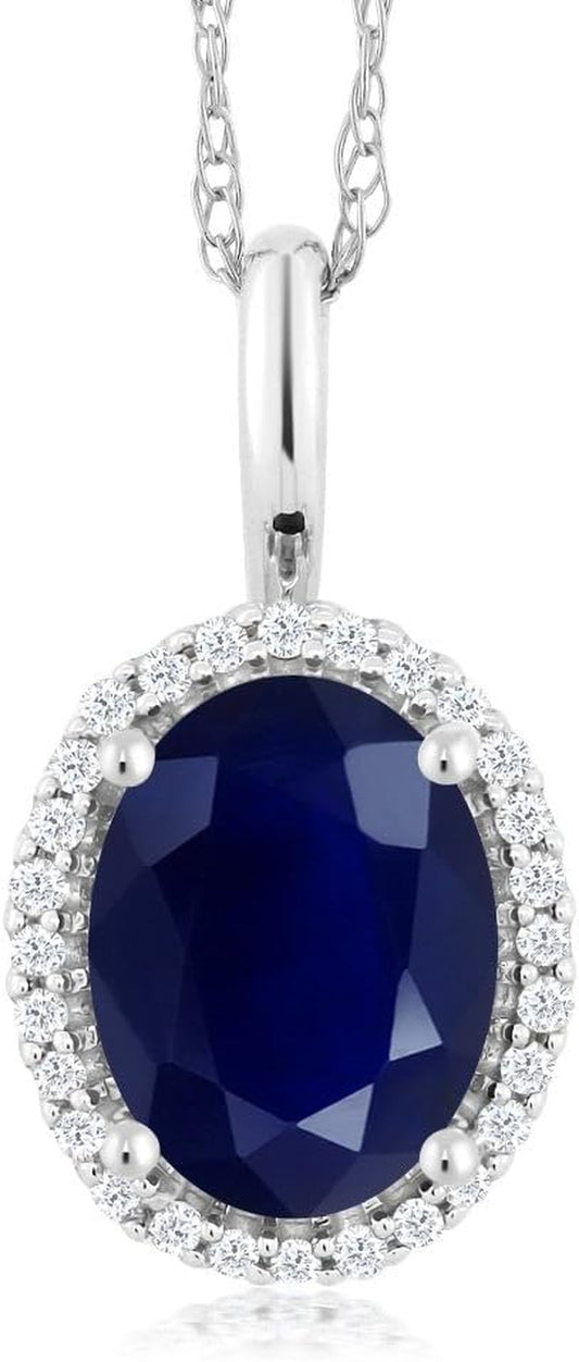 10K White Gold Gemstone Birthstone and White Diamond Necklace | Halo Pendant Necklace for Women | Oval 8X6MM | White Gold Necklace | with 18 Inch Chain
