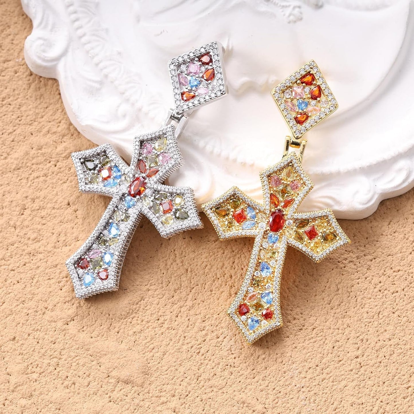 Iced Out Colorful Rhomboic Cross Pendant Necklace, Trendy White Gold Hip Hop Cubic Zirconia Oval Diamond Cross Pendant Faith Jesus Necklace Gift
