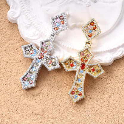 Iced Out Colorful Rhomboic Cross Pendant Necklace, Trendy White Gold Hip Hop Cubic Zirconia Oval Diamond Cross Pendant Faith Jesus Necklace Gift