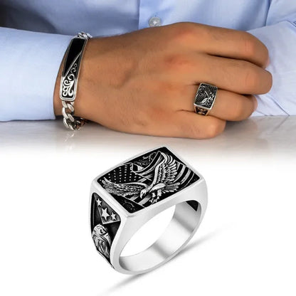American ring, American Flag Ring, Bald Eagle Figured American Patriot Silver Men's Ring, Handmade 925k Sterling Silver Ring Gift for him,