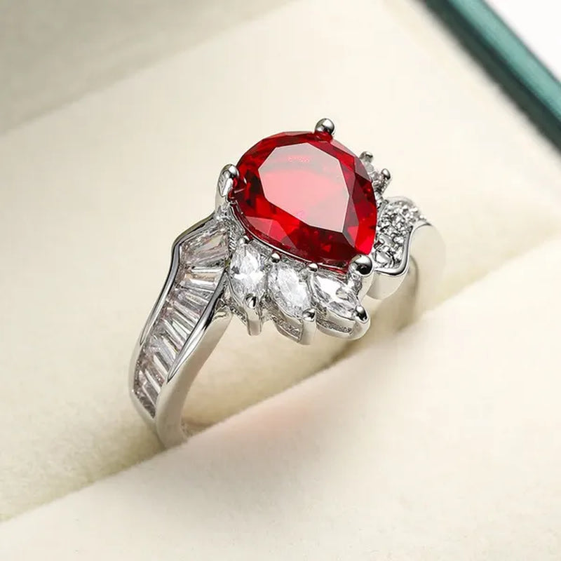 New silver-plated Fashion Natural Ruby Angel Teardrop Diamond Ring Engagement Wedding Ring Anniversary Christmas Gift Jewelry Accessories Size 5-11