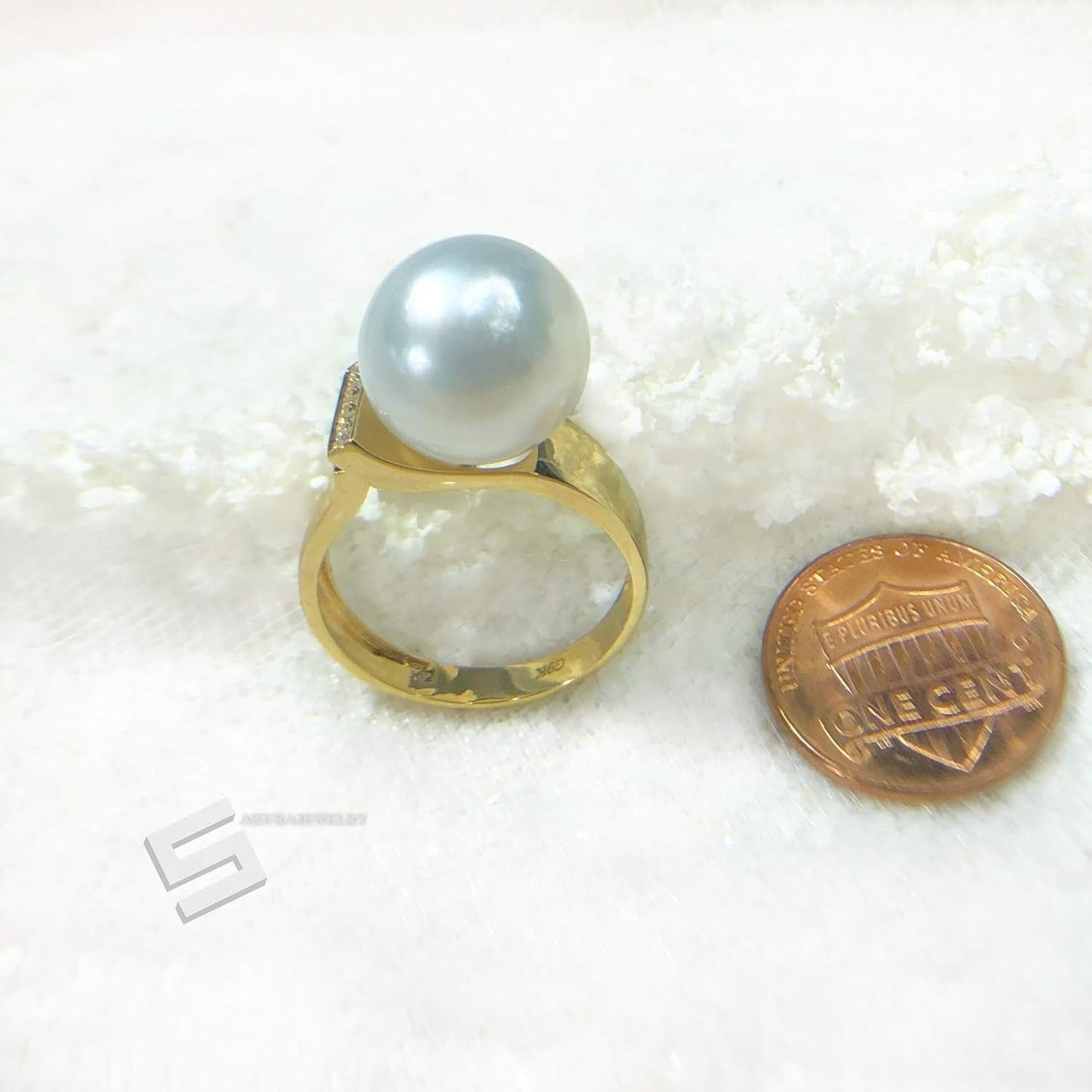 Authentic South Sea Pearl Gold Ring, Australian South Sea Cultured Pearl in 9K Wide Band Ring, AAA Grade South Sea Pearl Ring, Size 8-8 2/1 (US 8)