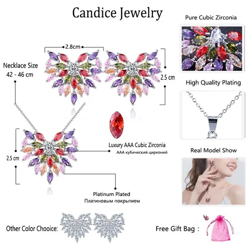 CANDICE New Fashion Women Heart Pendant Jewelry Set Pave Purple Red Green Marquise Cubic Zirconia Party Chain Necklace Big Stud Earrings Sets for Girls Gift - WORLD TIME VISITS