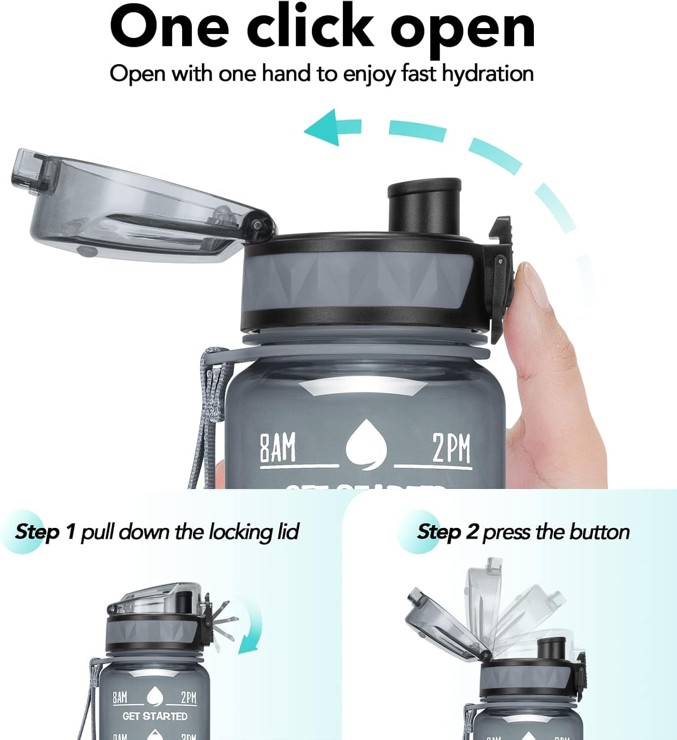 Sports Water Bottle -  1L Leakproof Water Bottle, BPA Free Tritan Plastic Sports Bottle, Motivational Water Bottle with Filter & Time Marker for Outdoor