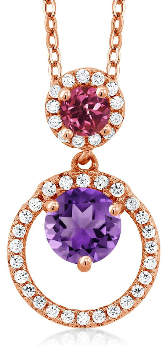 18K Rose Gold Plated Silver Purple Amethyst and Pink Tourmaline Pendant Necklace for Women (1.85 Cttw, Gemstone February Birthstone, round 6MM and 4MM) - WORLD TIME VISITS