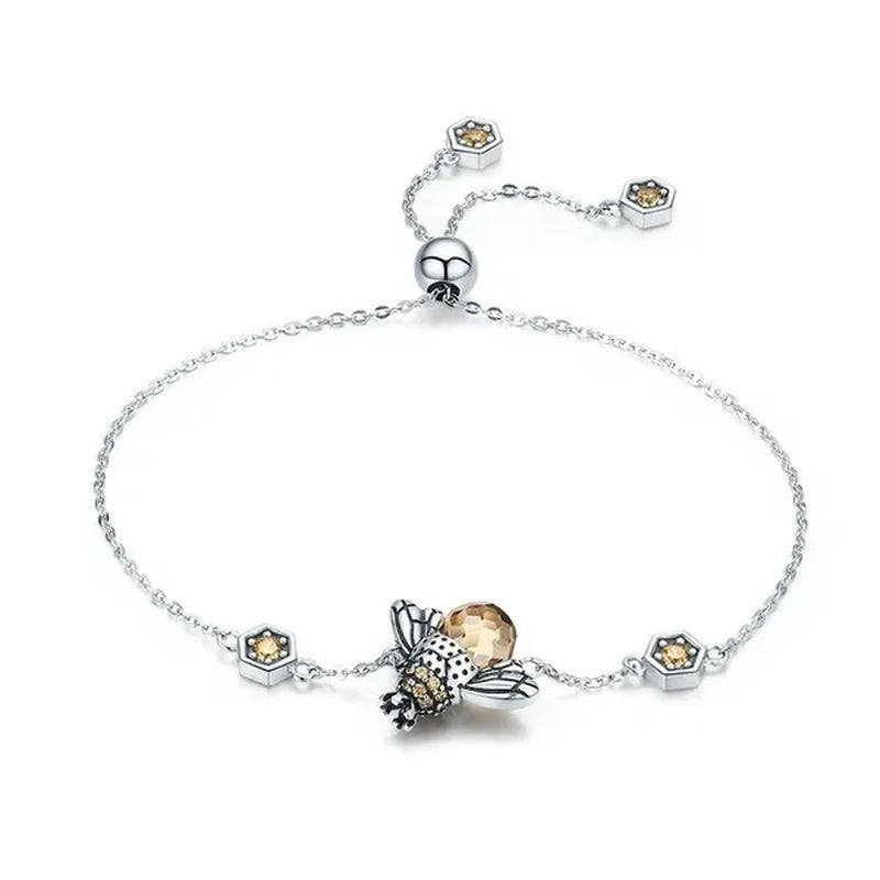 Fashion 925 Sterling Silver Queen Bee Crystal Gemstone Cubic Zirconia Ring Earrings Necklace Bracelet Jewelry Set CZ Charm Women Bridal Engagement Wedding Jewelry Set Gift