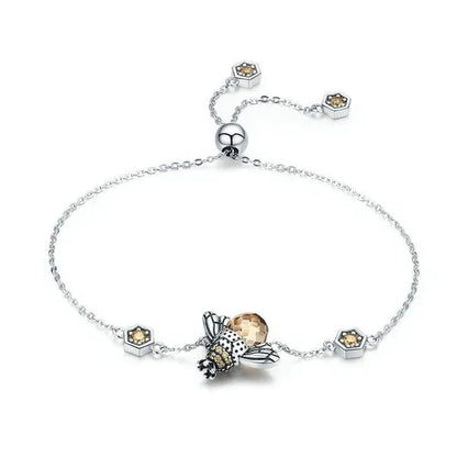 Fashion 925 Sterling Silver Queen Bee Crystal Gemstone Cubic Zirconia Ring Earrings Necklace Bracelet Jewelry Set CZ Charm Women Bridal Engagement Wedding Jewelry Set Gift