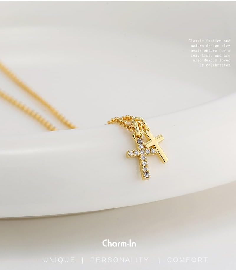 Cross Necklace for Woman,18K Gold Plated Cross Shaped Diamond Embellished Pendant Religious Necklace Christian Jewelry Chain 45 Cm/17.71 Inches