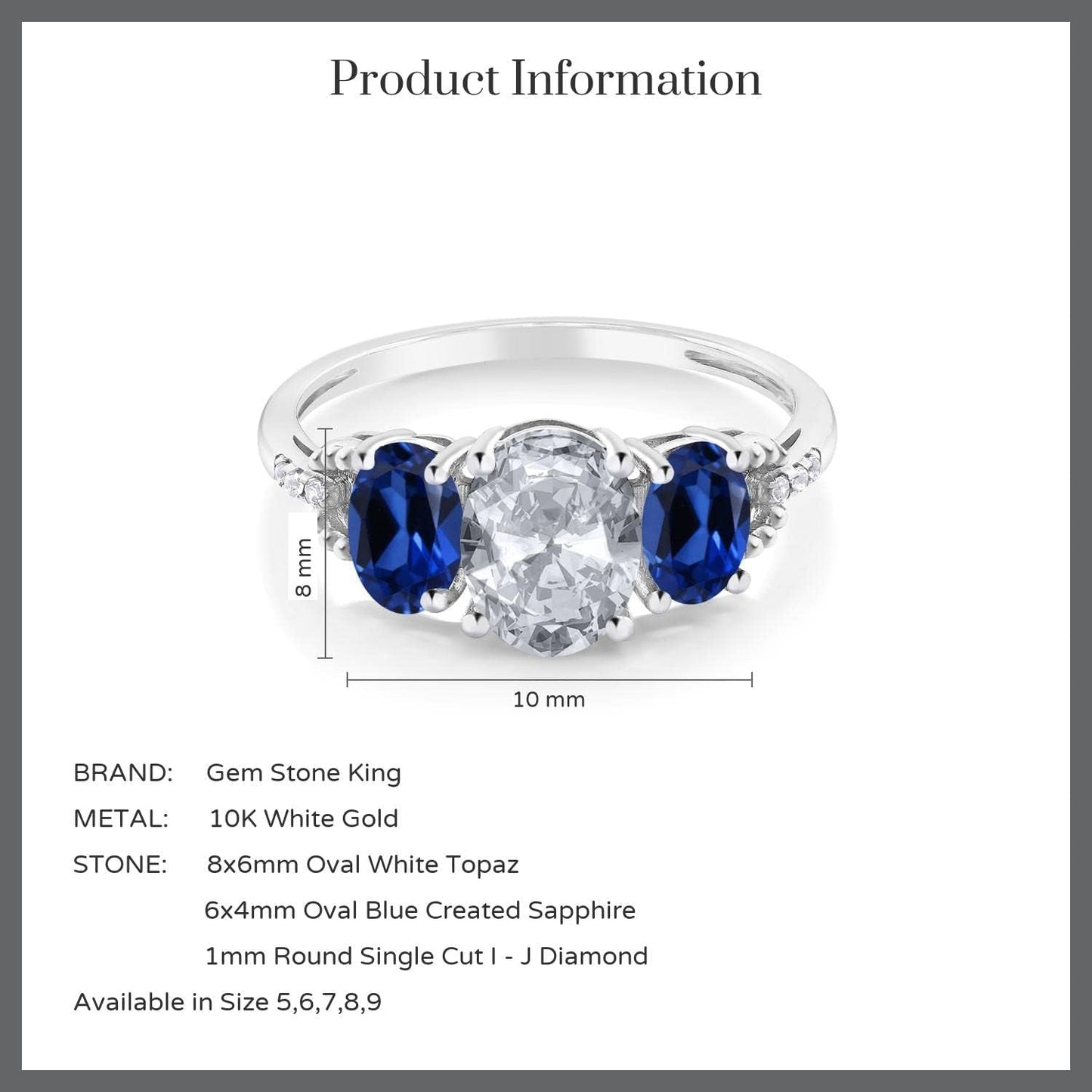 10K White Gold White Topaz Blue Created Sapphire and Diamond Accent 3-Stone Engagement Ring for Women (2.35 Cttw)