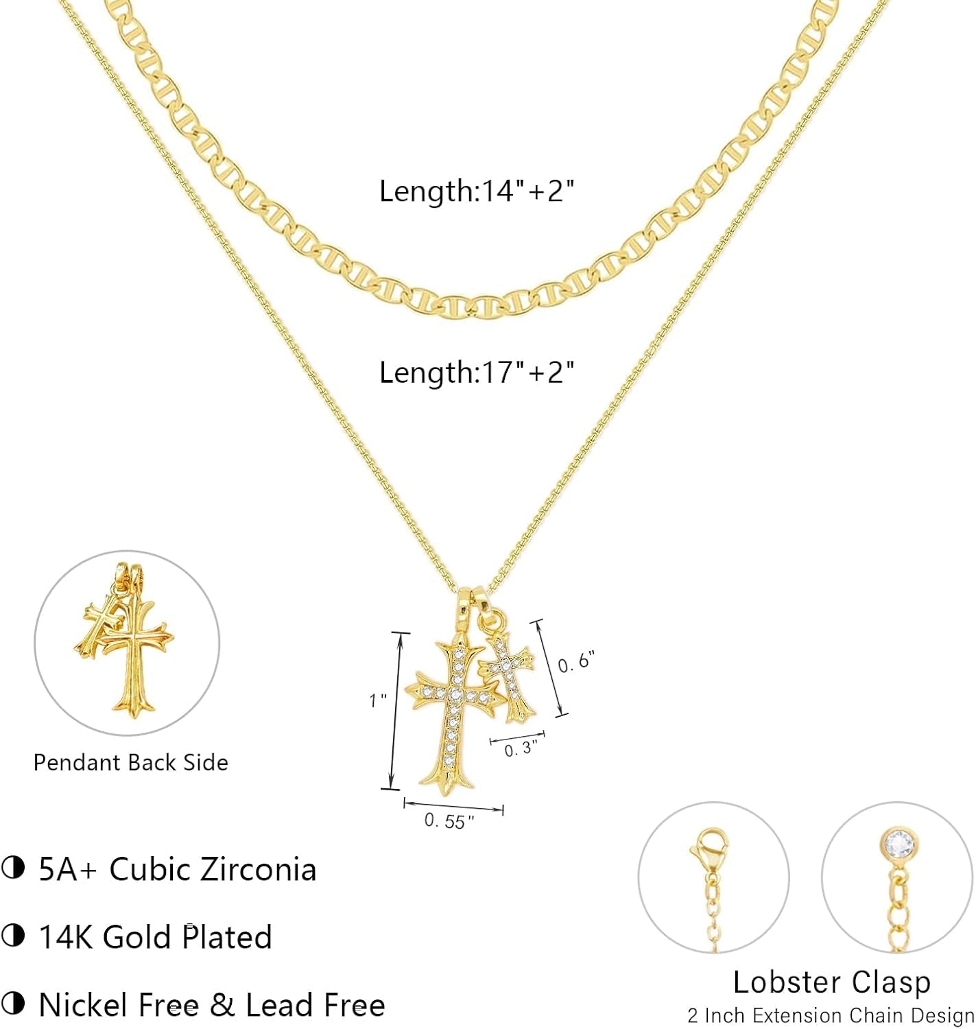 Bubble Cross Necklace for Women 14K Gold Plated Cross Necklace Stackable Dainty Gold Necklace Mariner Chain Necklace CZ Cross Pendant Necklaces Set Simple Jewelry Gift