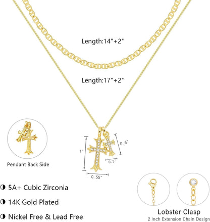Bubble Cross Necklace for Women 14K Gold Plated Cross Necklace Stackable Dainty Gold Necklace Mariner Chain Necklace CZ Cross Pendant Necklaces Set Simple Jewelry Gift