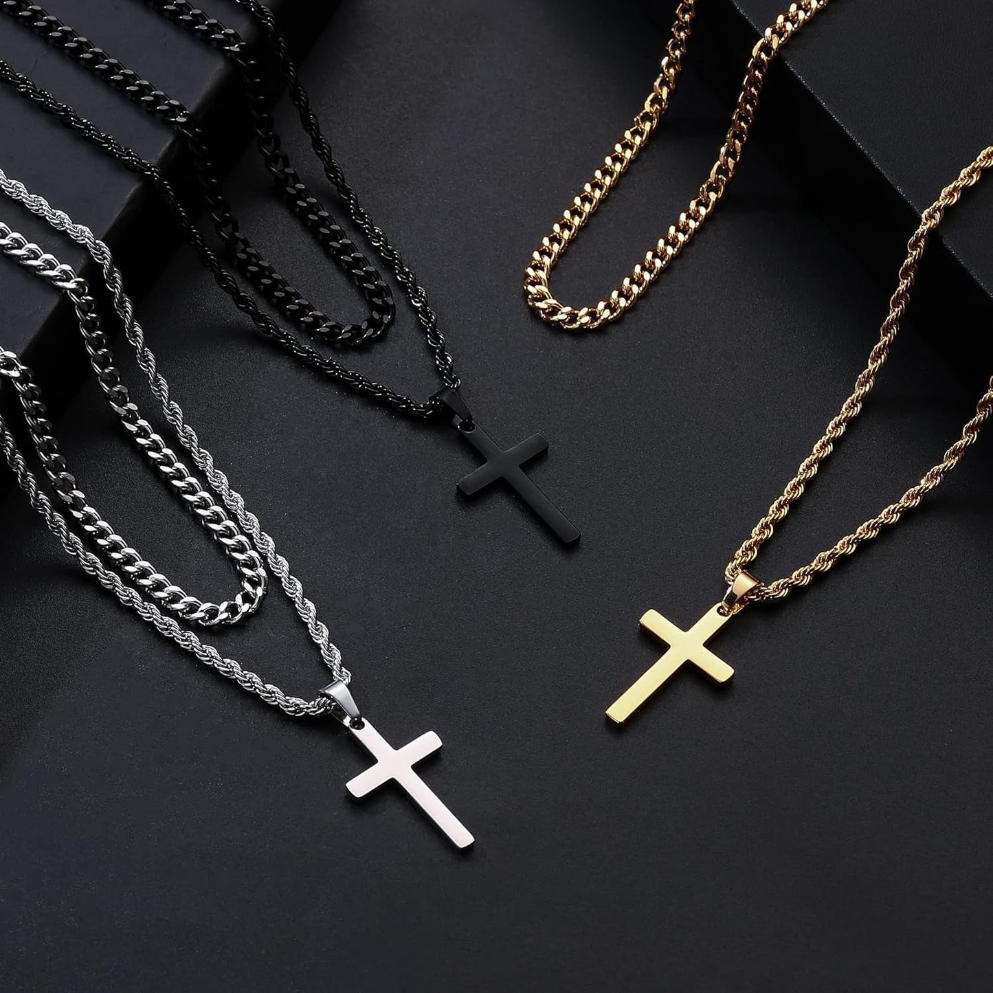 Valentines Gifts for Him Teen Boys - Cross Necklace for Men, Gold Black Silver Mens Cross Necklaces Stainless Steel Cross Pendant Necklace Simple Jewelry Gifts Cross Chain Necklaces for Men