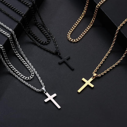 Valentines Gifts for Him Teen Boys - Cross Necklace for Men, Gold Black Silver Mens Cross Necklaces Stainless Steel Cross Pendant Necklace Simple Jewelry Gifts Cross Chain Necklaces for Men