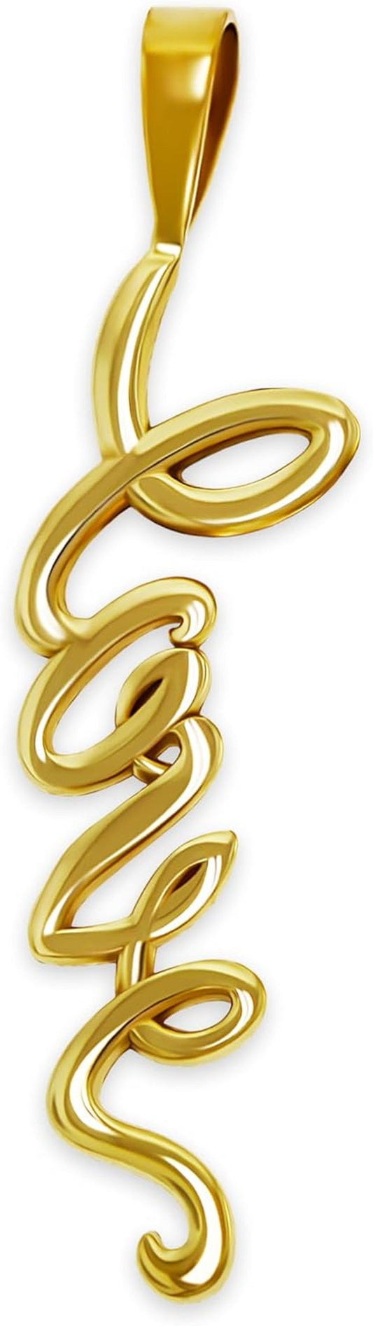 Gold Vertical Love Charm - 10 Karat Solid Gold - Cursive Love Pendant - WORLD TIME VISITS