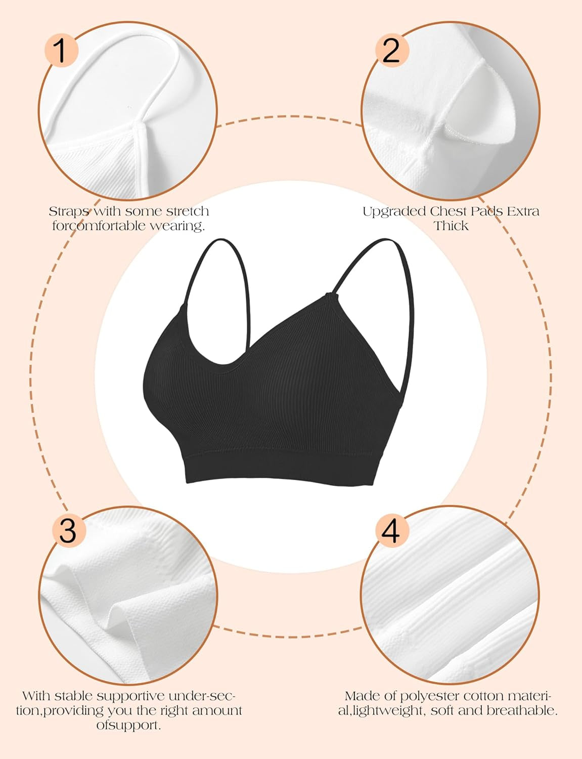 2-4PCS Women'S V-Neck Padded Seamless Straps Bralette, Everyday Basic Sleeping Bra, Sports Bras for Women, Sports Bra