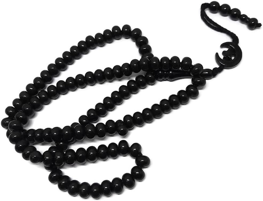 Islam Prayer Tasbih 99 Beads AMN-303 Muslim 8 Mm. Rosary Bead Moon Star Decorated Tassels Haj Eid Ramadan Gift (Black)