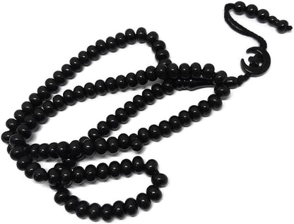 Islam Prayer Tasbih 99 Beads AMN-303 Muslim 8 Mm. Rosary Bead Moon Star Decorated Tassels Haj Eid Ramadan Gift (Black)