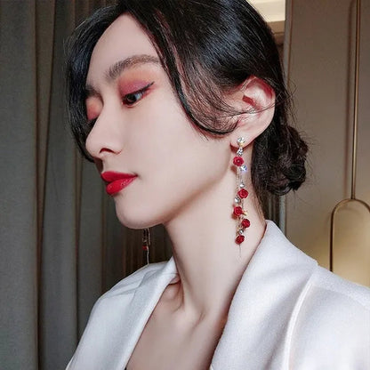 New Exquisite Women's Fashion S925 Silver Needle Diamond Rose Long Tassel Earring Jewelry Gift