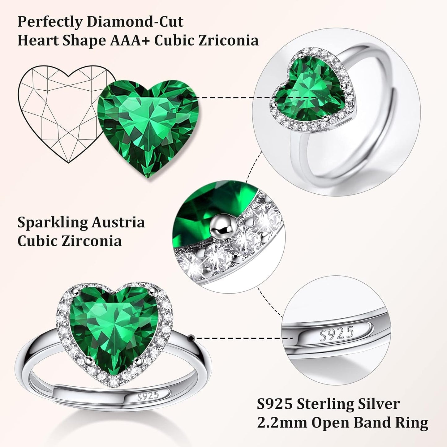 925 Sterling Silver Birthstone Rings for Women Girls with Clear 2Ct Heart/Round/Teardrop/Square Crystal, Solitaire Diamond Halo Open Bands Cubic Zirconia Rings Adjustable Size#6-#12