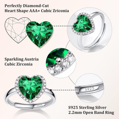925 Sterling Silver Birthstone Rings for Women Girls with Clear 2Ct Heart/Round/Teardrop/Square Crystal, Solitaire Diamond Halo Open Bands Cubic Zirconia Rings Adjustable Size#6-#12
