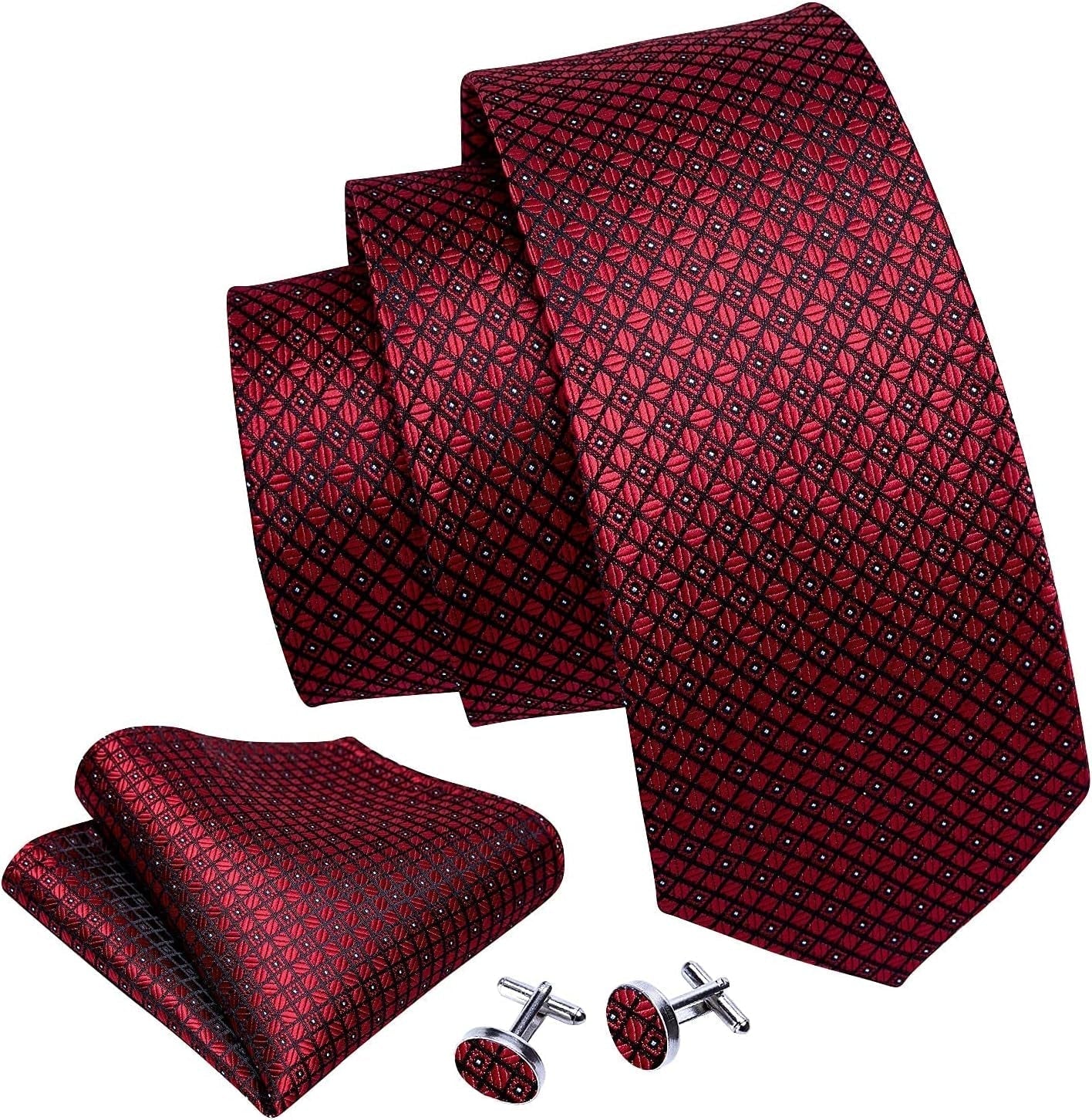 Men'S Tie Set Polka Dot Handkerchief Cufflinks Plaid Fashion Neckties Wedding Business