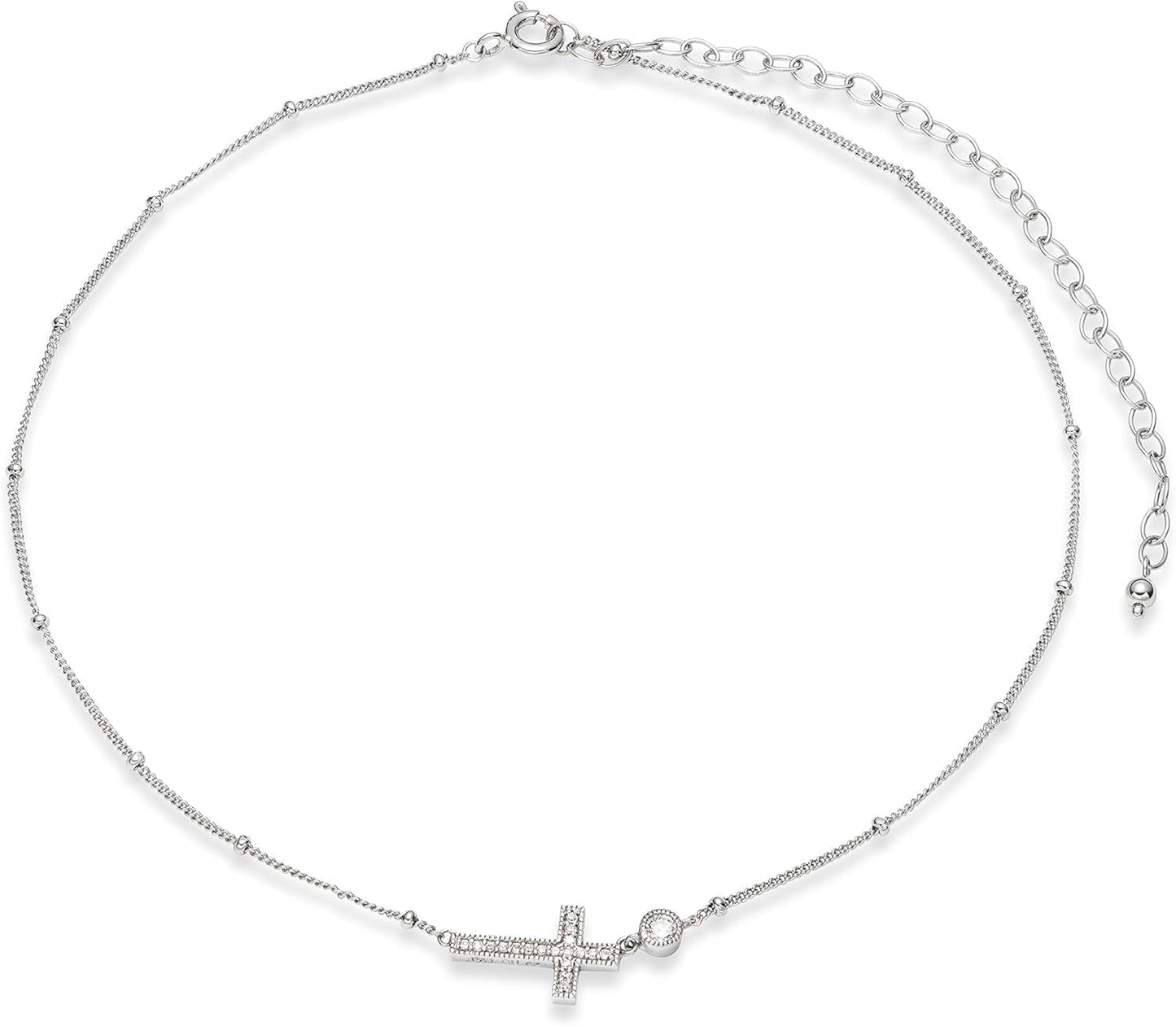 .925 Sterling Silver Rhodium Plated Cubic Zirconia Sideways Cross Sterling Silver Necklace for Women - Faith Dainty Jewelry Choker Cross Necklace for Women, Adjustable Chain 16 Inch