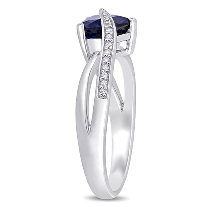 Women'S 1-7/8 Carat T.G.W. Heart-Shape Created Blue Sapphire and 0.05 Carat Round-Cut Diamond Accent Sterling Silver Heart Split-Shank Ring