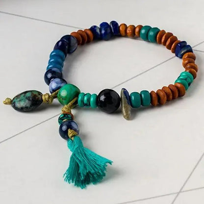 Ethnic Bohemian Tassel Handmade Beaded Bracelet Vintage Natural Gemstone Lapis & Turquoise & Obsidian & Wooden Bead Bangle Bracelets for Women and Men Couple Exquisite Wedding Engagement Christmas Jewelry Gift