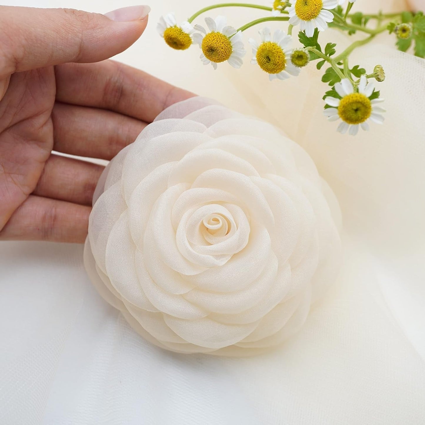 Fabric Flower Brooch Pin by  – Floral Brooch Pin, Handmade Gift Ideas, Gift for Her, Gift for Mom, Bridesmaid Gift, Valentines Day Gifts (Cream Chiffon)