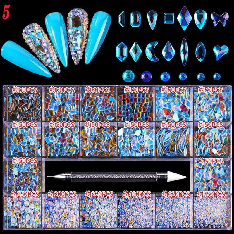3000Pcs/Box Mixed AB Glass Crystal Diamond In Grids 21 Shape and  Flatback Nail Art Rhinestone Set with 1 Pick Up Pen