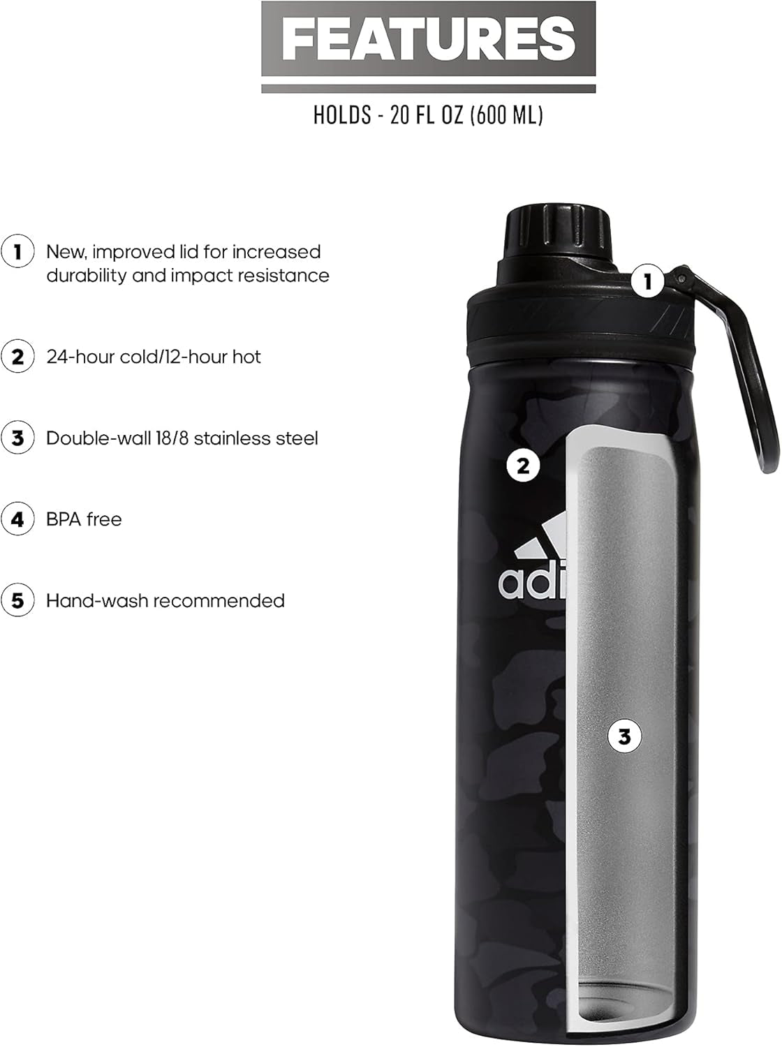 600 ML (20 Oz) Metal Water Bottle, Hot/Cold Double-Walled Insulated 18/8 Stainless Steel, Nomad Camo Grey-Carbon/White/Black, One Size